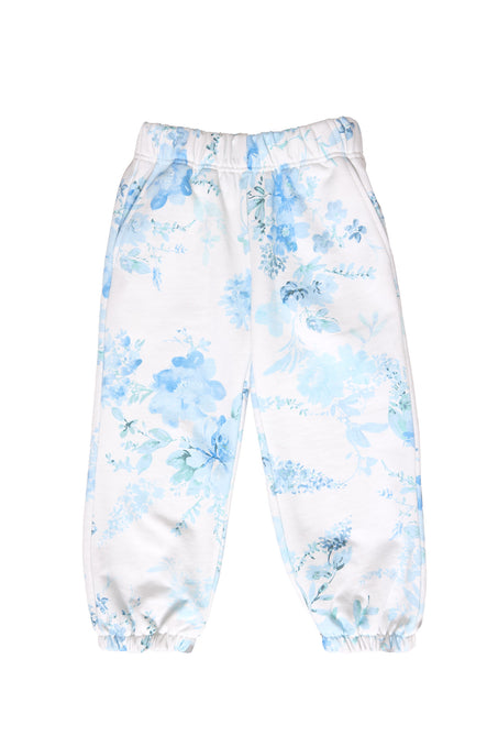 white floral sweat pants against a white background