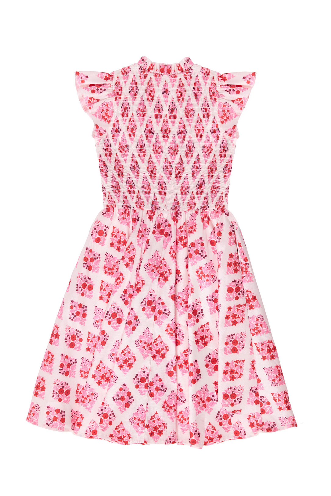 Pink and white patterned dress on a white background