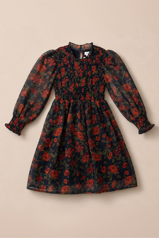 The Mini Linden Dress in Scarlet Blooms by Ivy City Co is a long-sleeved, knee-length girls’ dress with a black base and vibrant red floral print. It features a smocked bodice, sheer balloon sleeves with ruffled cuffs, and a ruffled neckline for a classic and elegant look.