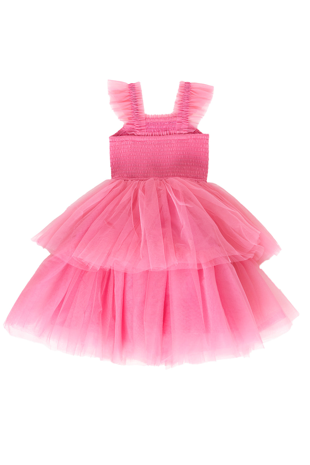 Pink dress with a layered tulle skirt on a white background