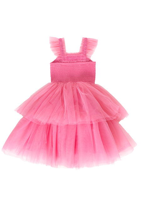 Pink dress with a layered tulle skirt on a white background