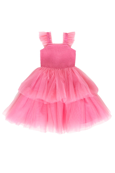Pink dress with a layered tulle skirt on a white background