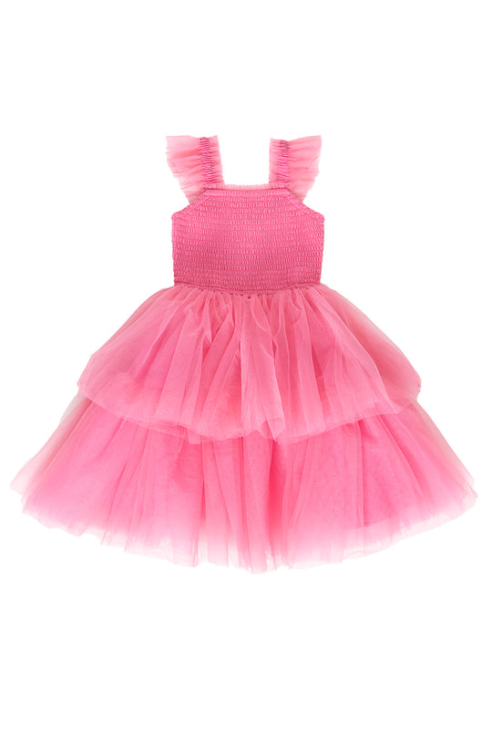 Pink dress with a layered tulle skirt on a white background