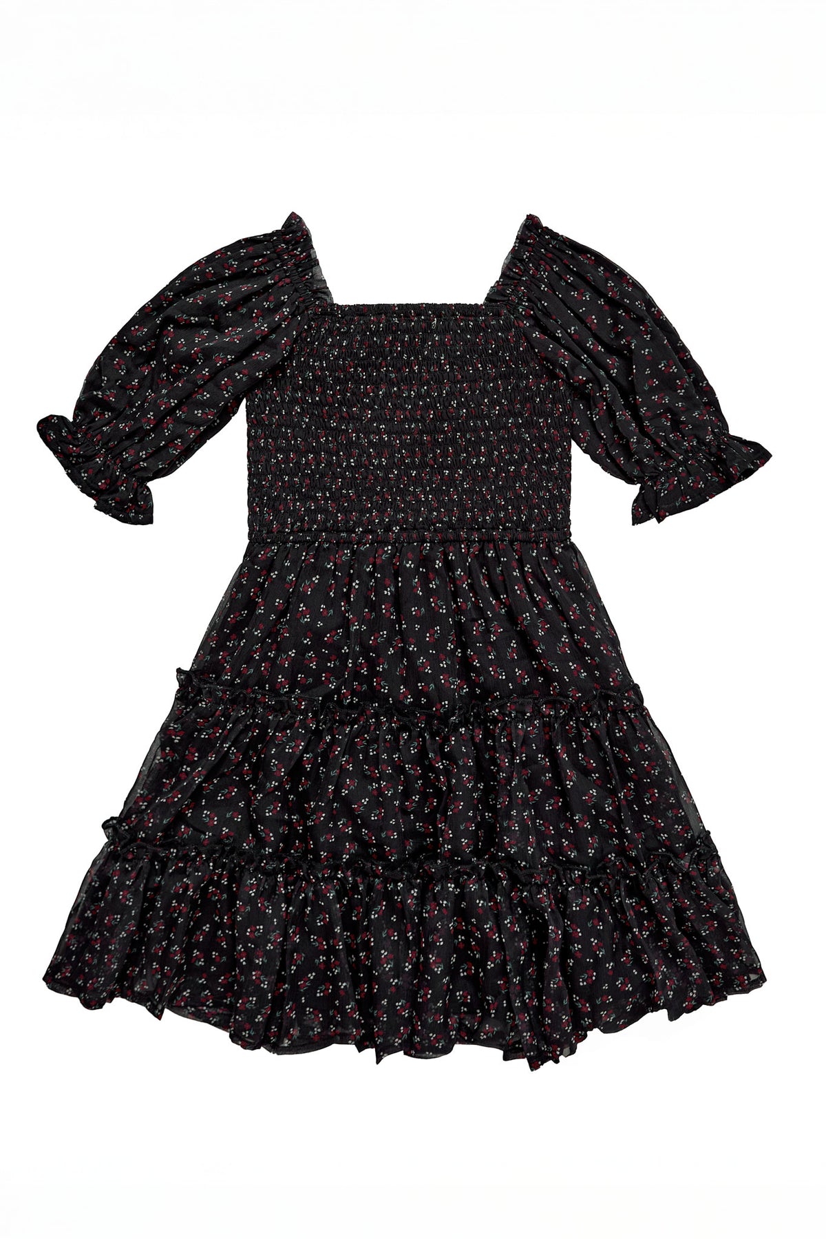 Black floral dress with puff sleeves on a white background