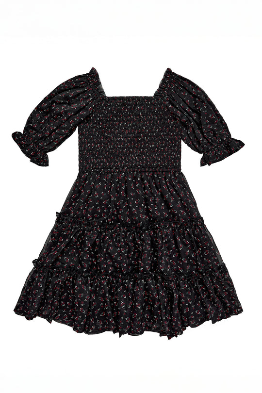 Black floral dress with puff sleeves on a white background