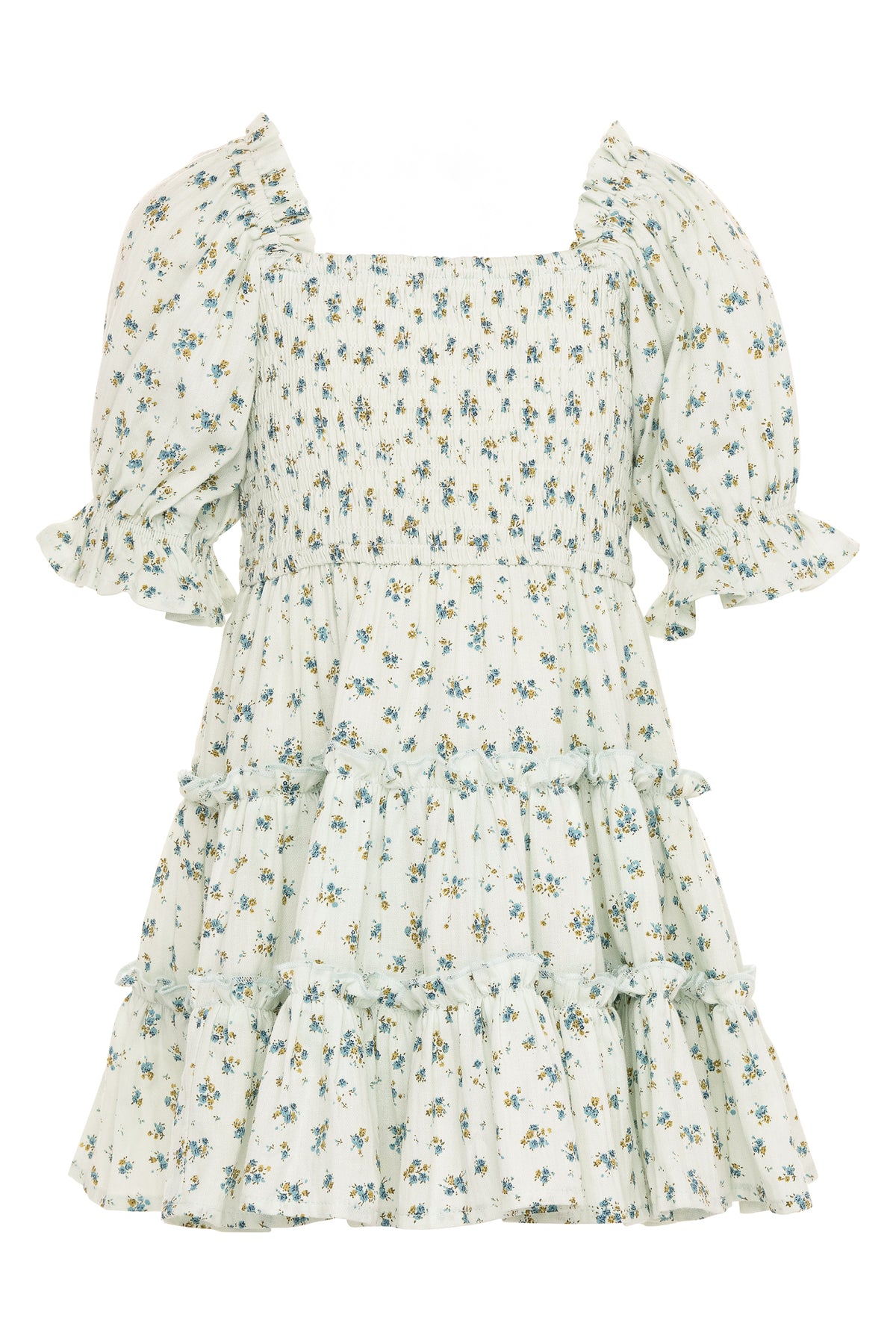 The Mini Madeline Dress in Blue by Ivy City Co features a light blue, knee-length design with a square neckline, smocked bodice, tiered skirt, ruffled details, and a small blue and green floral print for a delicate summer look.