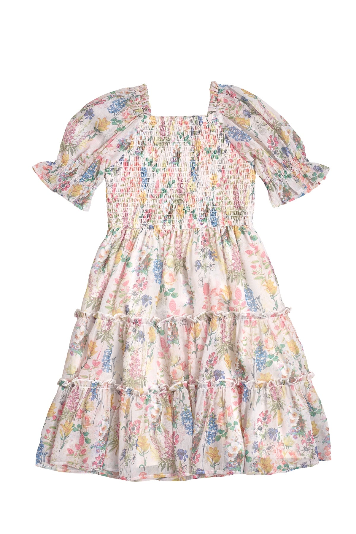 The Mini Madeline Dress in Cordelia Floral by Ivy City Co features a pastel floral print on white, short puff sleeves, smocked bodice, and tiered skirt—ideal for a girl's birthday dress.