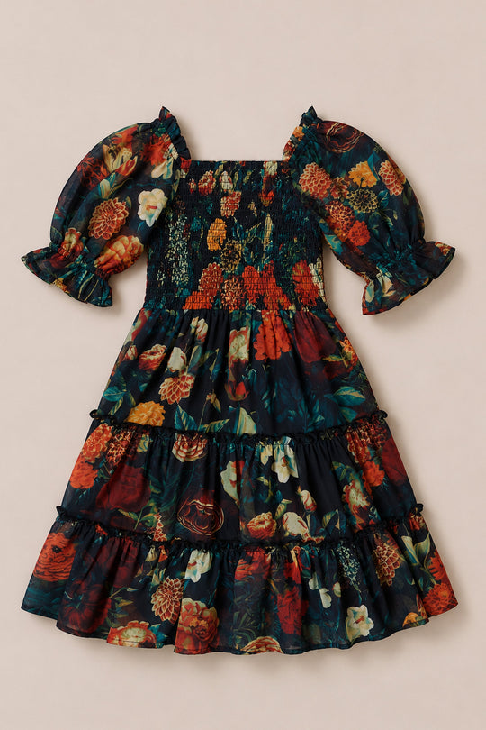The Mini Madeline Dress in Imogen Moody Floral by Ivy City Co is a girls’ dark floral chiffon dress featuring puffed short sleeves, a smocked bodice, and a tiered ruffled skirt. Its vibrant print showcases orange, red, and yellow flowers with green leaves on a black backdrop—perfect as a fall dress for any occasion.