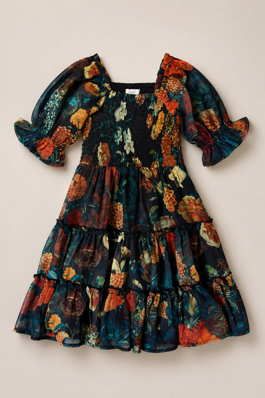 The Mini Madeline Dress in Imogen Moody Floral by Ivy City Co features a vintage-inspired silhouette with a knee-length black chiffon fabric, a vibrant floral print, puffed three-quarter sleeves, a smocked bodice, and a tiered ruffle skirt—making it an elegant choice for any fall occasion.