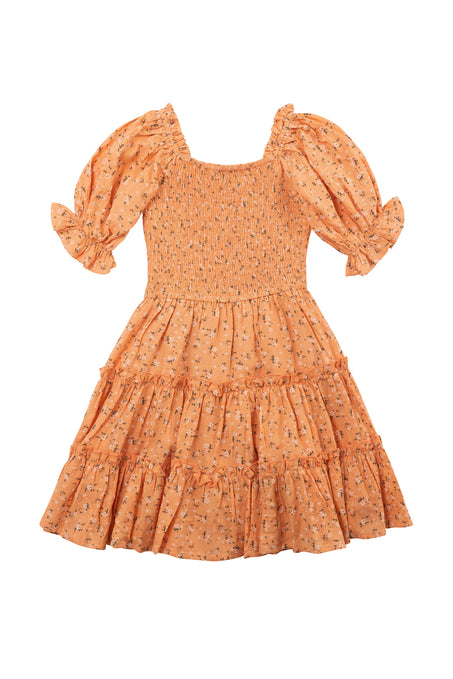 The Mini Madeline Dress in Sorbet by Ivy City Co. features puff sleeves, a smocked bodice, a tiered ruffled skirt, square neckline, and a delicate small floral print for effortless charm.