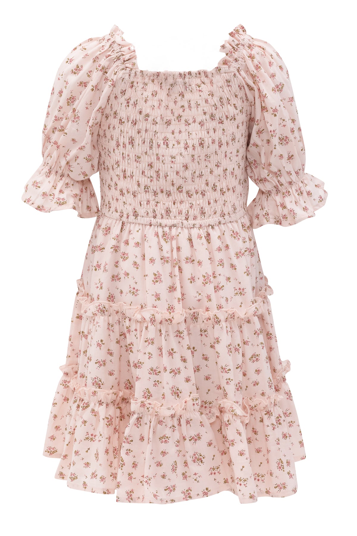 The Mini Madeline Dress in Pink by Ivy City Co features a smocked bodice, puff short sleeves, and a tiered ruffled skirt. Its light pink fabric with floral print and ruffled hem add playful elegance.