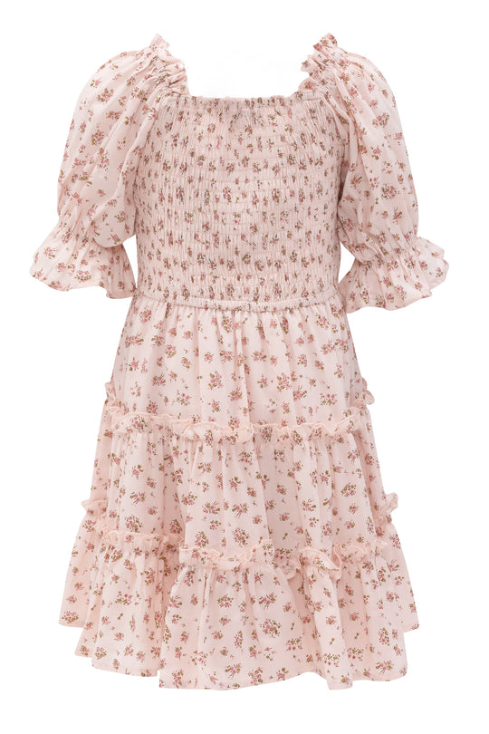 The Mini Madeline Dress in Pink by Ivy City Co features a smocked bodice, puff short sleeves, and a tiered ruffled skirt. Its light pink fabric with floral print and ruffled hem add playful elegance.