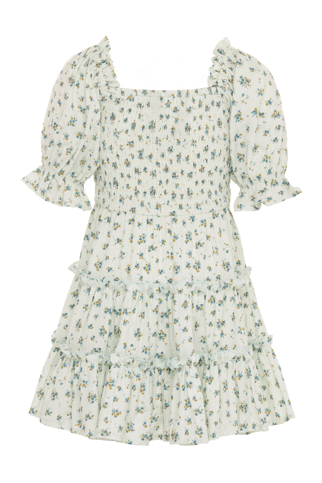 The Ivy City Co Mini Madeline Dress in Blue features a knee-length silhouette with a square neckline, puff sleeves, smocked bodice, tiered ruffled skirt, and small blue floral print for a charming feminine style.