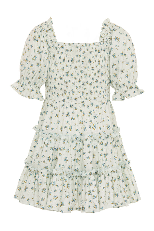 The Ivy City Co Mini Madeline Dress in Blue features a knee-length silhouette with a square neckline, puff sleeves, smocked bodice, tiered ruffled skirt, and small blue floral print for a charming feminine style.