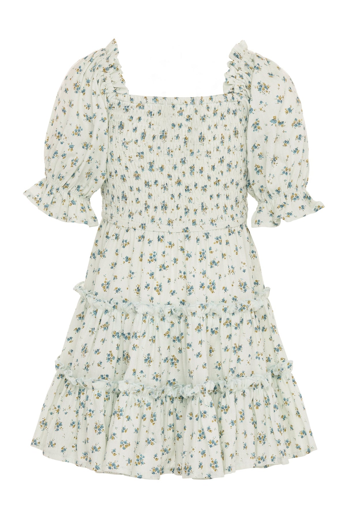The Mini Madeline Dress in Blue by Ivy City Co is a light-colored, short-sleeved cotton dress for girls featuring a square neckline, smocked bodice, ruffled hem and sleeves, and an all-over small blue and green floral print—a delightful style that captures the sweet charm of this signature piece.