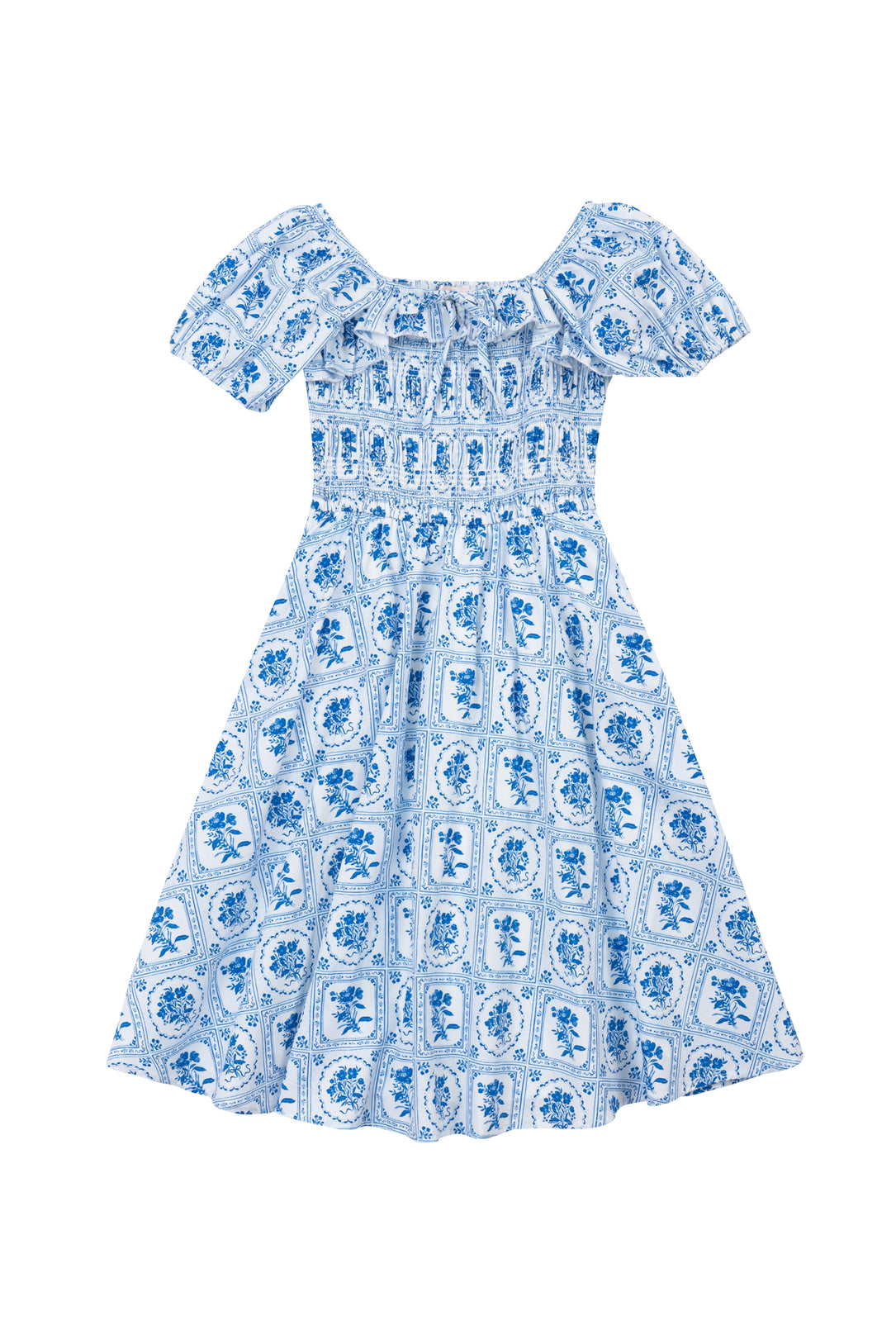 The Mini Mae Dress in Blue Floral Stamp by Ivy City Co is a short-sleeved, knee-length dress with a geometric floral pattern, smocked bodice, and flared skirt—ideal for an effortless summer look.