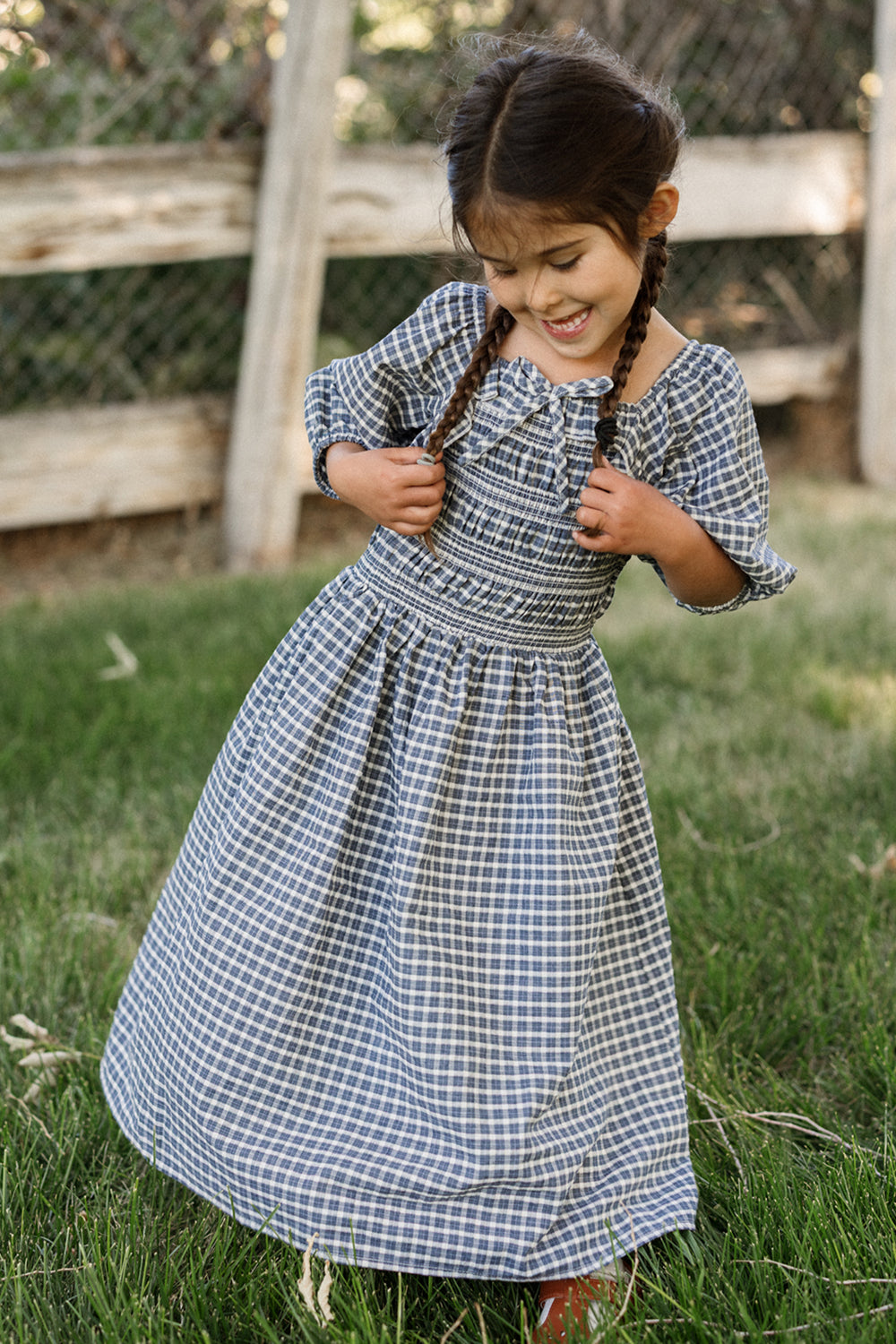 Mini Mae 3/4 Sleeve Dress in Prussian Blue Plaid – Ivy City Co