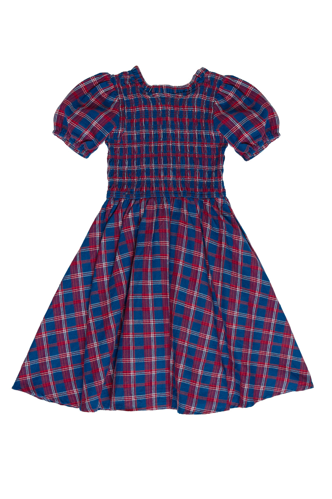 Red and blue plaid dress on a white background