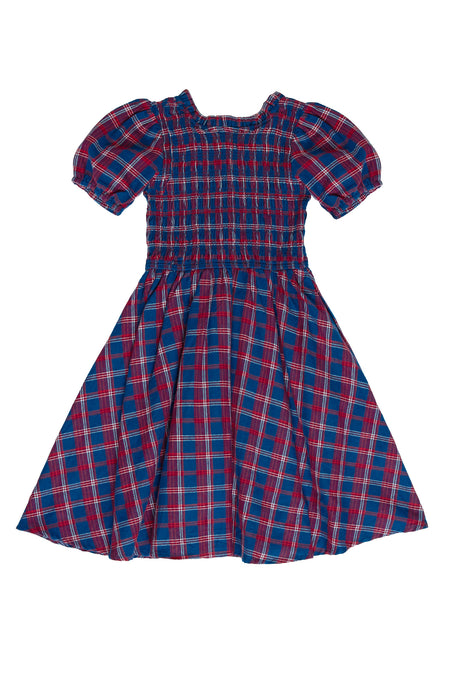 Red and blue plaid dress on a white background