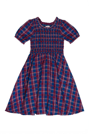 Red and blue plaid dress on a white background