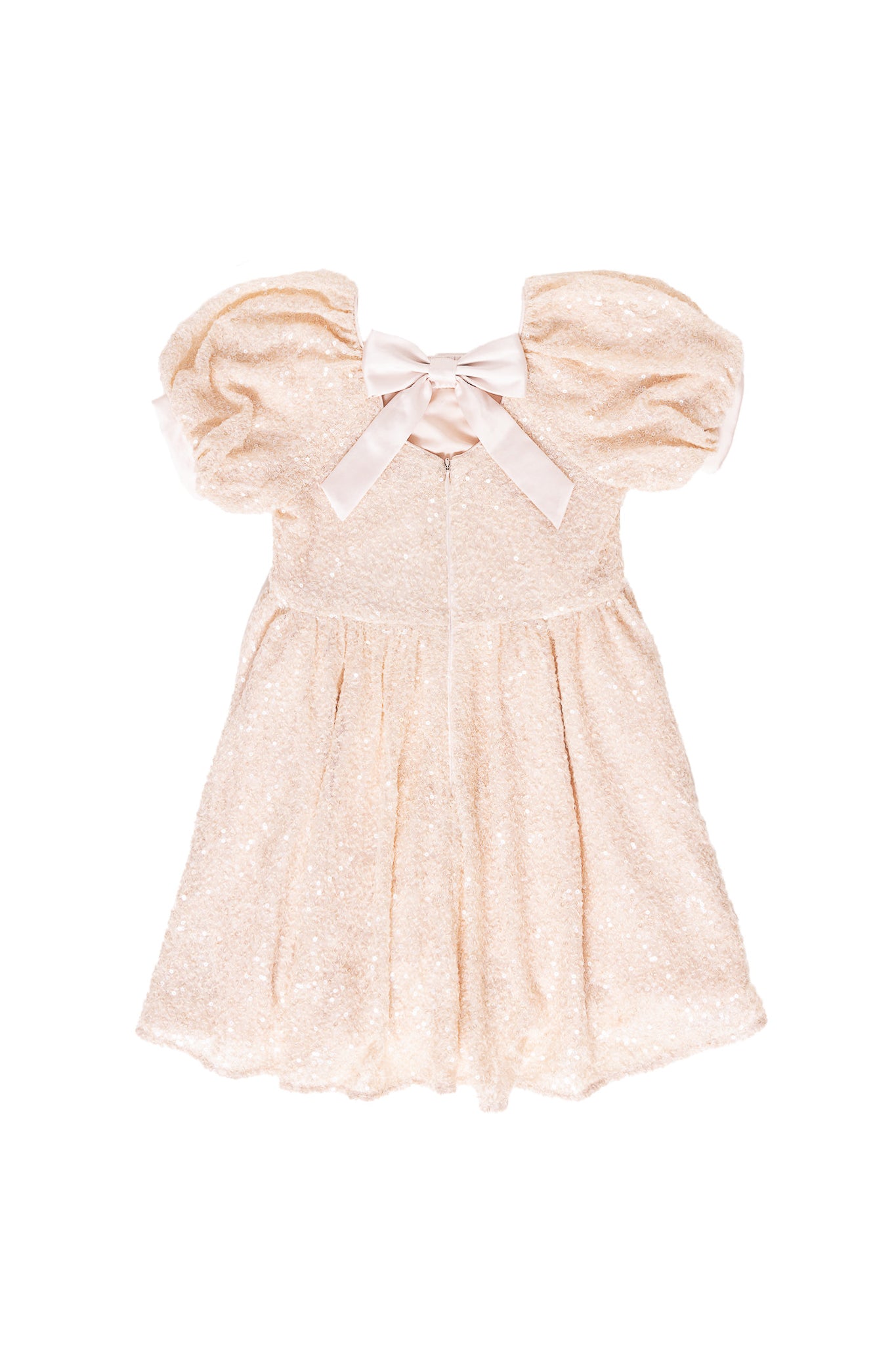 cream sequin dress against a white background