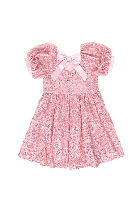 the back of a Pink sequin dress against a white background