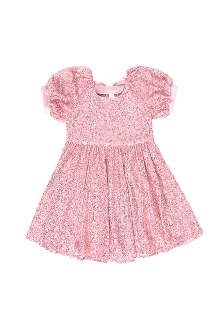 Pink sequin dress against a white background