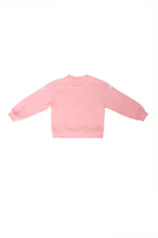 the back of Pink sweatshirt with rhinestone bows against a white background