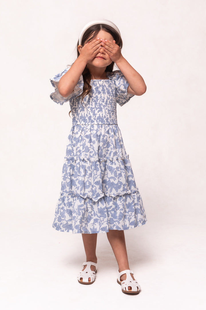 Mini Ophelia Dress in Blue Floral Toile