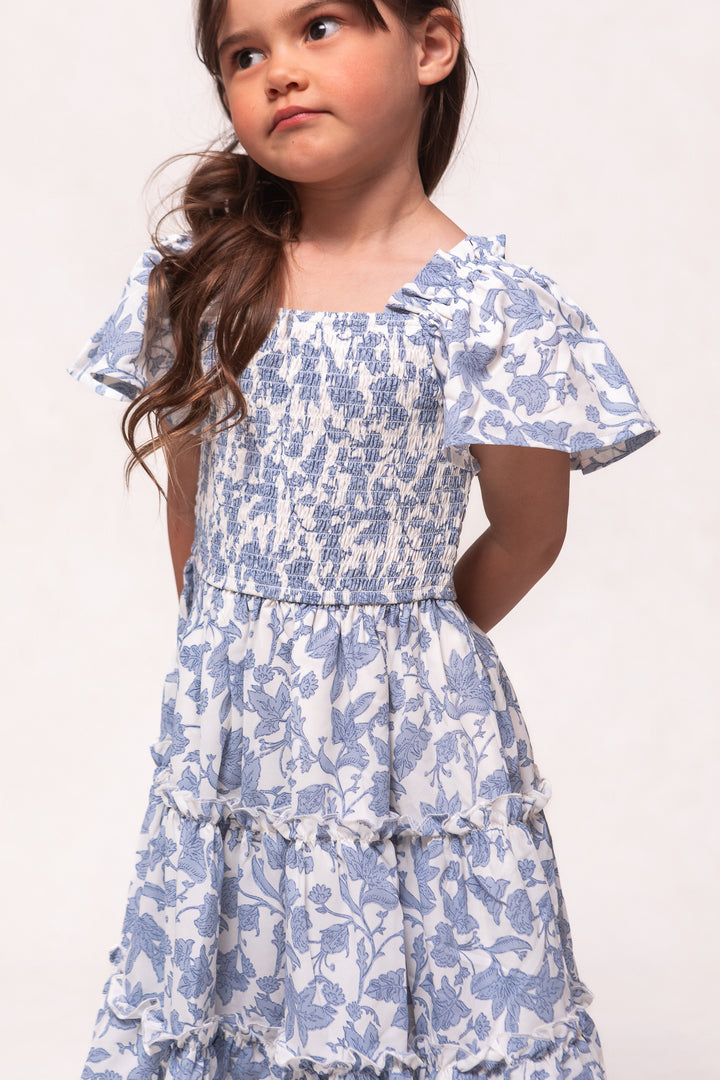 Mini Ophelia Dress in Blue Floral Toile