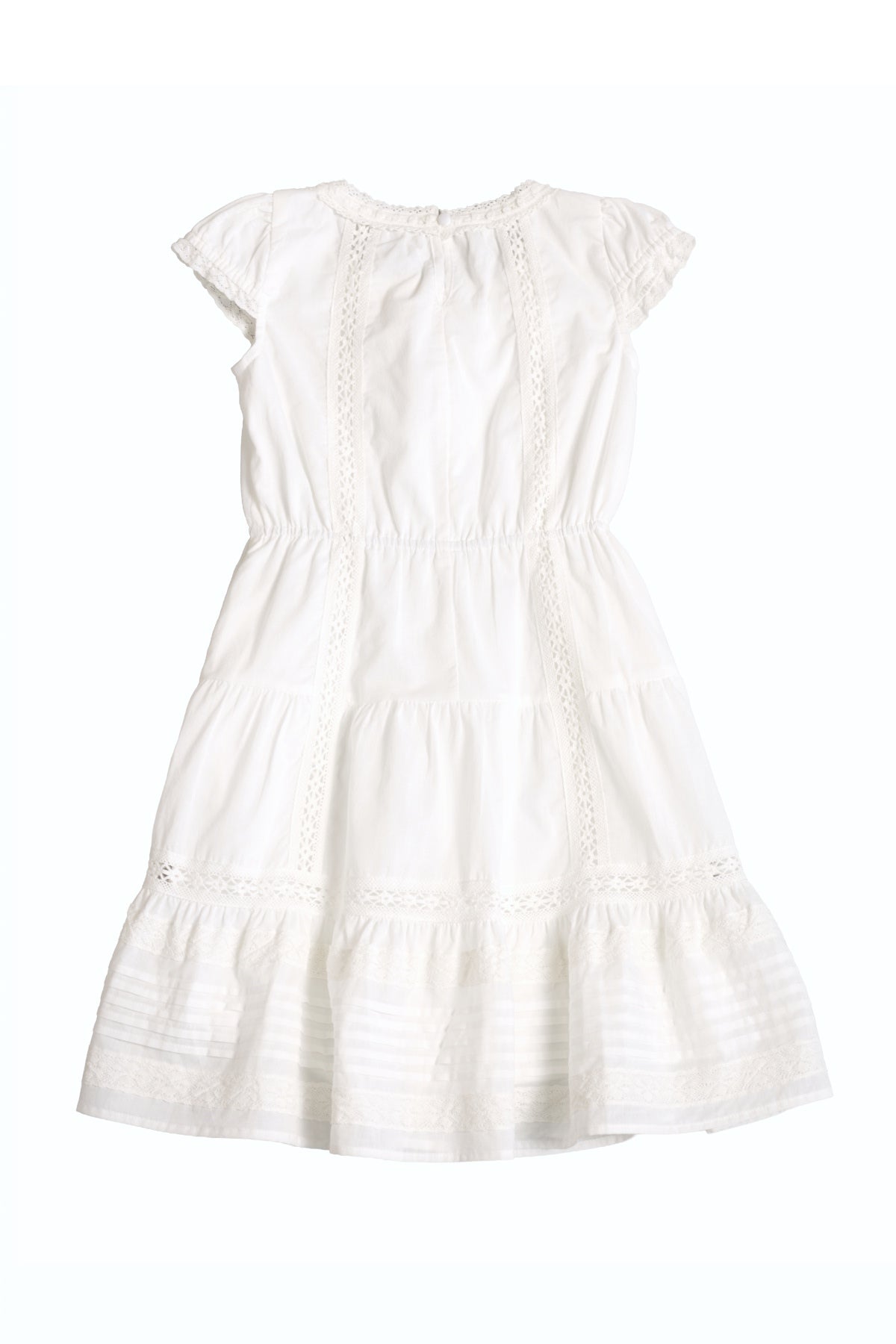 The Ivy City Co Mini Palermo Dress in White, featuring puff sleeves, lace trim, a gathered waist, and a tiered skirt, is displayed flat against a plain white background.
