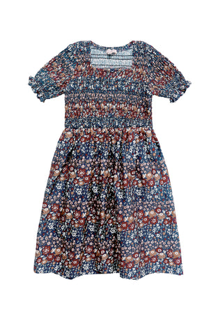 floral dress with a navy blue base, on a white background 