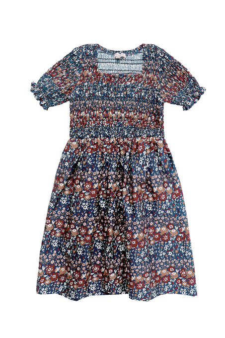 floral dress with a navy blue base, on a white background 