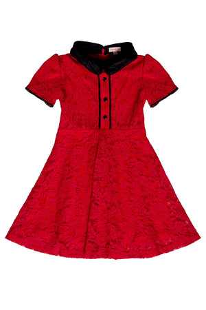 Red lace dress with black collar on a white background