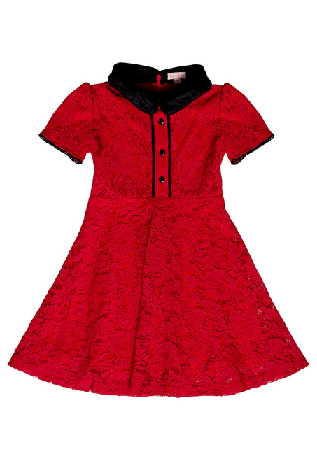 Red lace dress with black collar on a white background