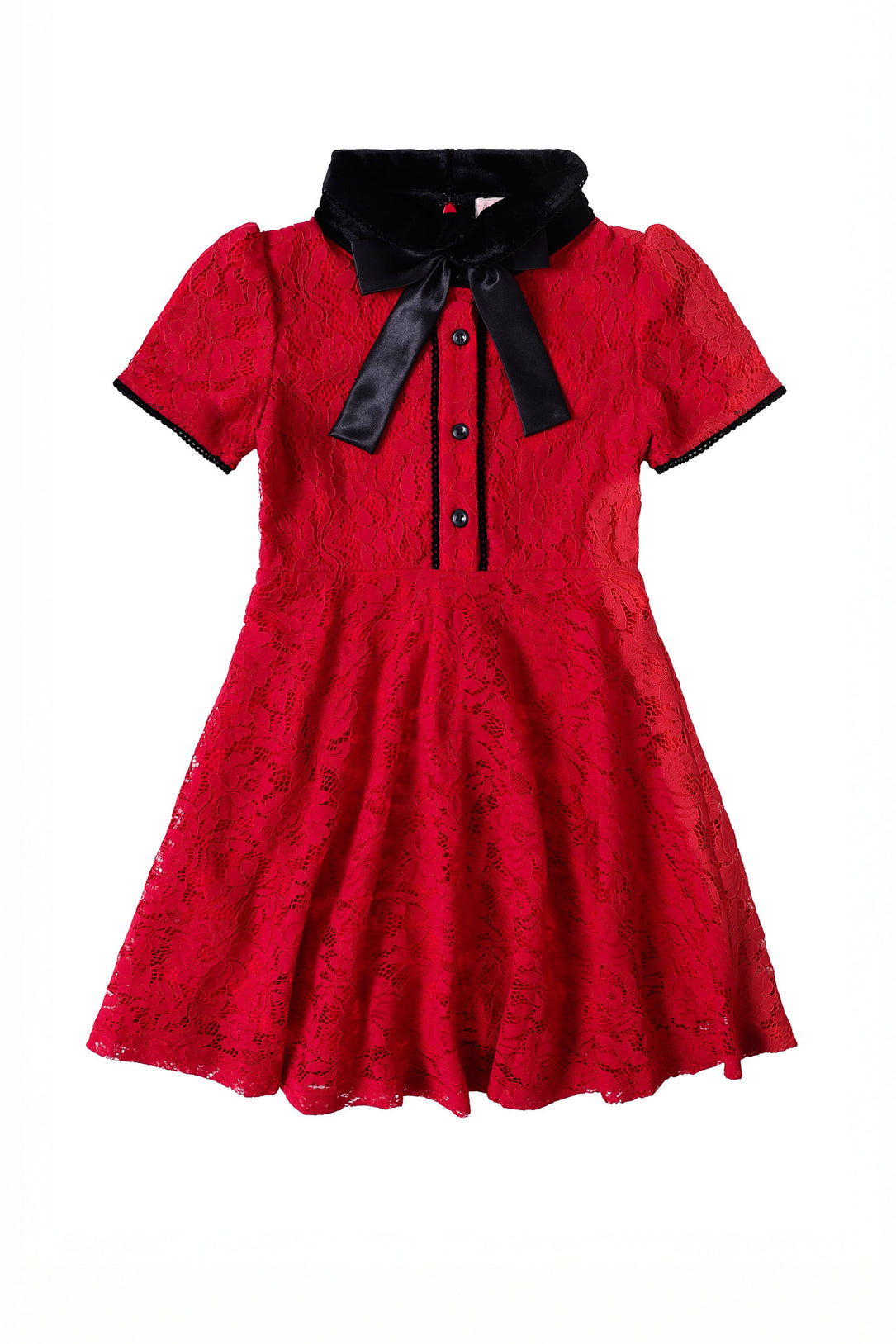 Red dress with black collar and buttons on a white background