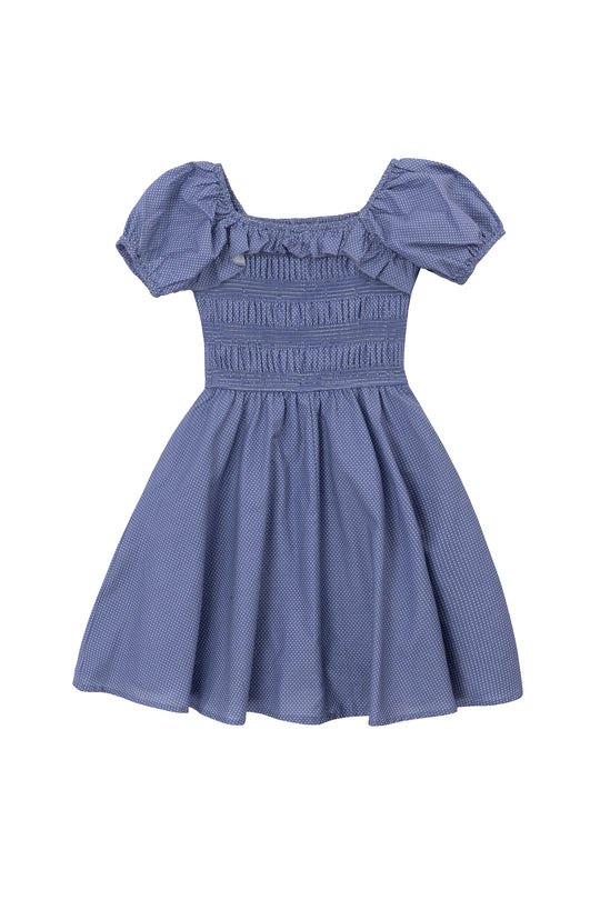 The Mini Rae Dress in Blue Polka Dot by Ivy City Co features short puff sleeves, a ruched bodice, flared skirt, and lightweight textured cotton—perfect for casual or summer wear.