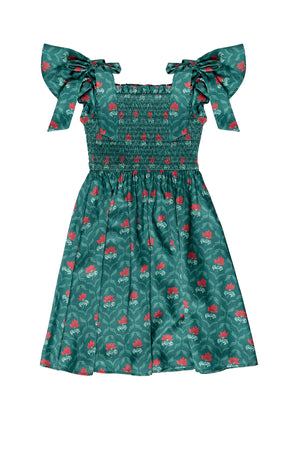 Green dress with red floral pattern on a white background