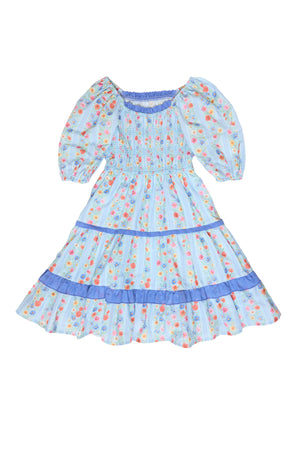 blue floral dress against a white background