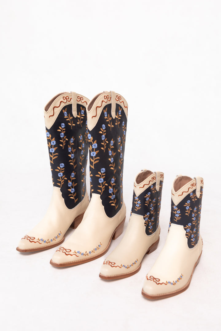 Mini Rosemary Cowgirl Boots in Cream & Navy