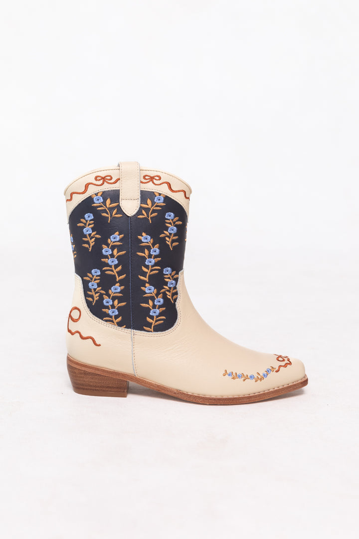 Mini Rosemary Cowgirl Boots in Cream & Navy