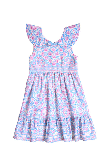 The Ivy City Co Mini Samara Dress in Thistle Flower Mosaic Florise features ruffled cap sleeves and a flared, tiered skirt in a pink and blue floral print—perfect for Mom and Me matching moments, shown on a white background.