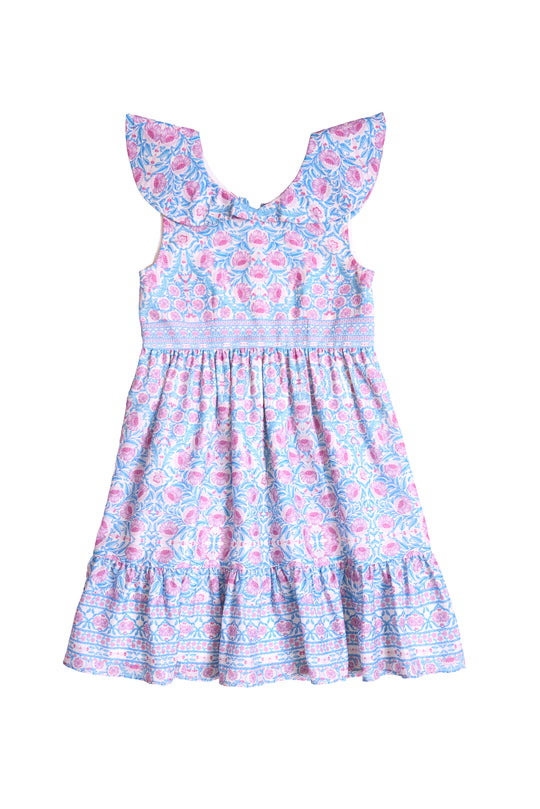 The Ivy City Co Mini Samara Dress in Thistle Flower Mosaic Florise features ruffled cap sleeves and a flared, tiered skirt in a pink and blue floral print—perfect for Mom and Me matching moments, shown on a white background.