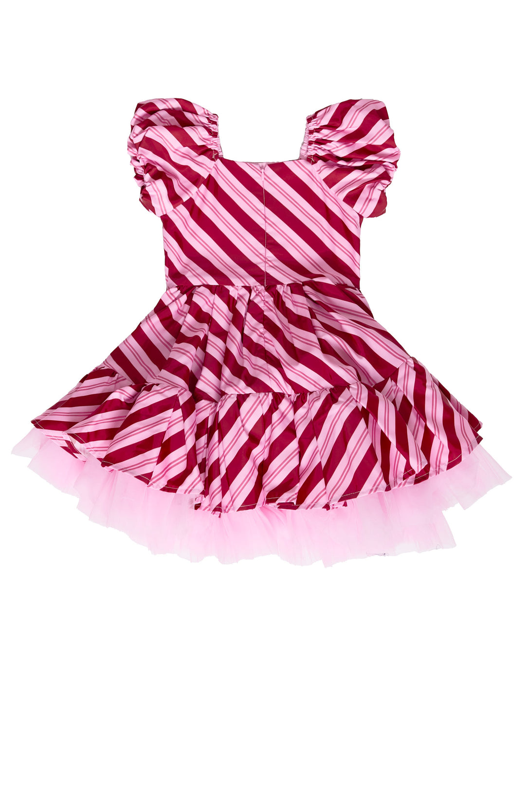 the back of a Pink and red tulle dress against a white background