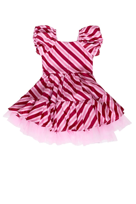 the back of a Pink and red tulle dress against a white background