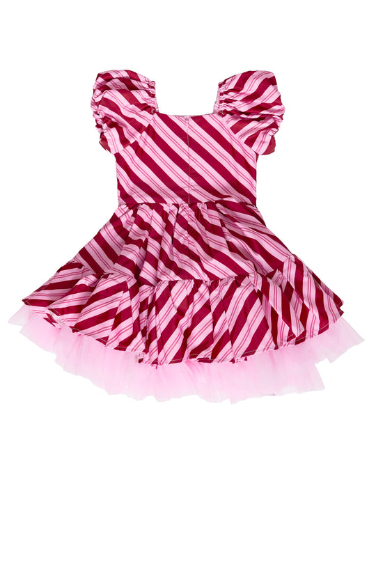 the back of a Pink and red tulle dress against a white background
