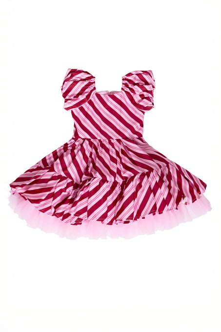 Pink and red tulle dress against a white background