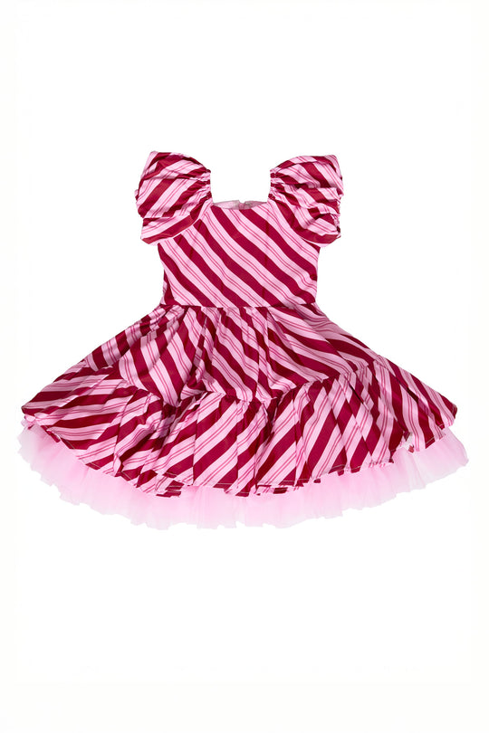 Pink and red tulle dress against a white background