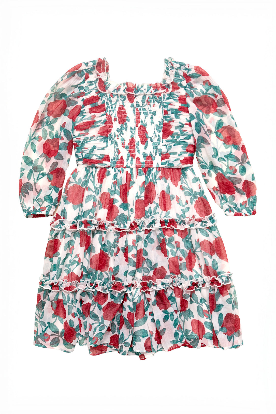 Floral dress with red and green pattern on a white background