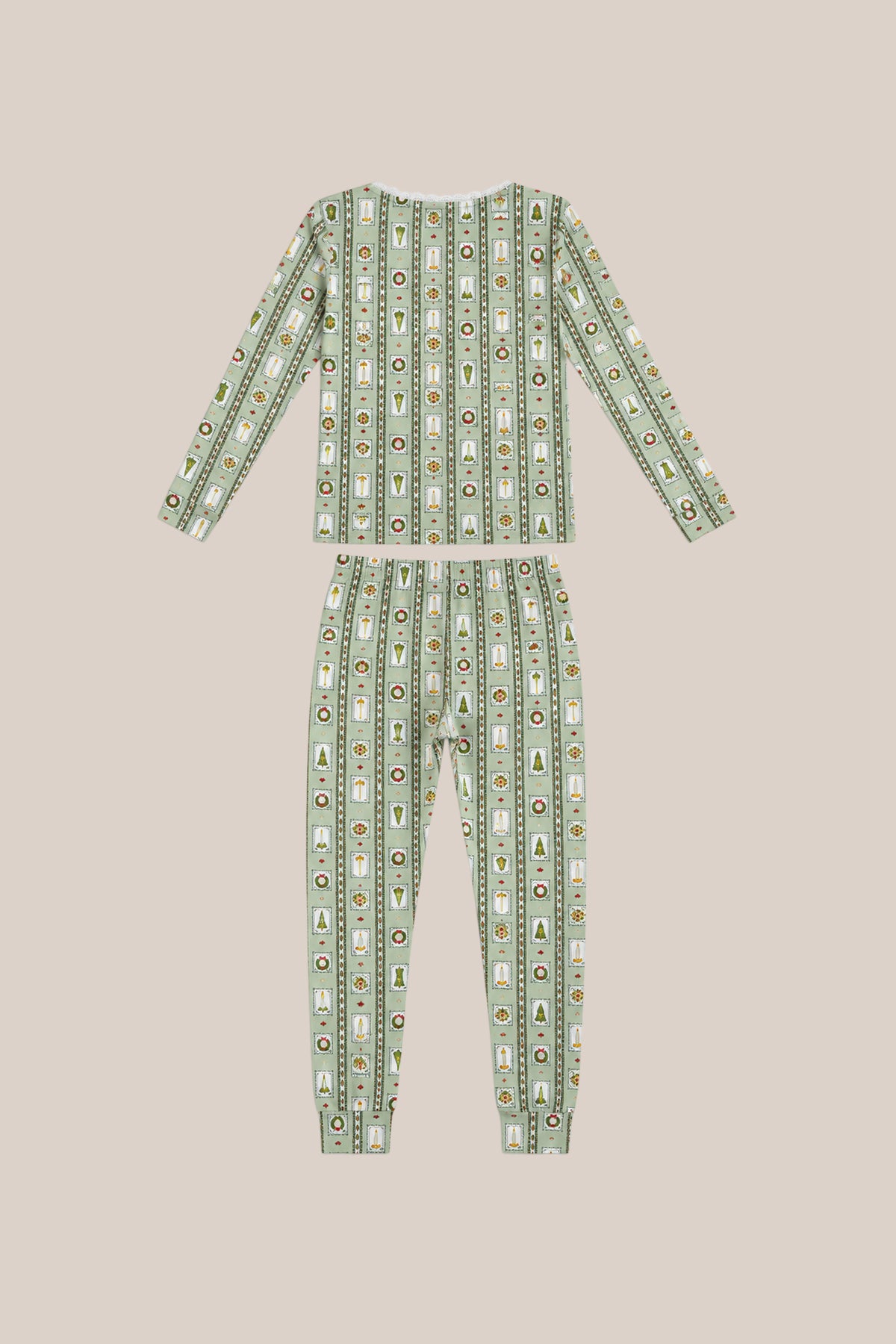 The Mini So Soft Henley Pajama Set in Merry Mail Linear by Ivy City Co features long sleeves and pants with a festive striped print of cartoon animals, trees, and icons on light green, styled flat on a beige surface.